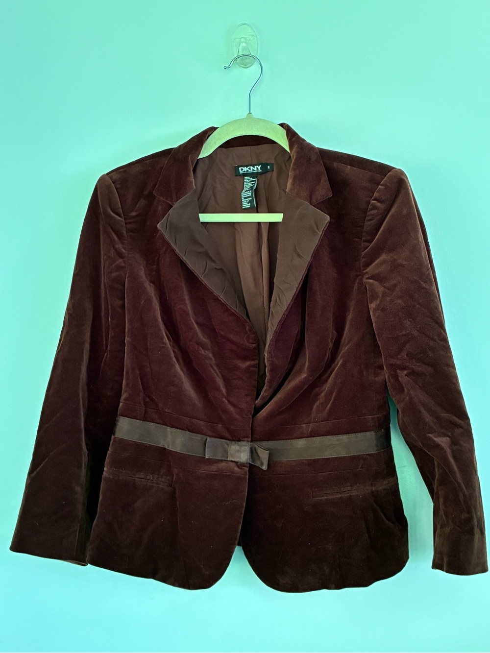 DKNY Vintage Y2K Brown Velvet Blazer Jacket Sayin Waist Bow 8 Dark Acadamia